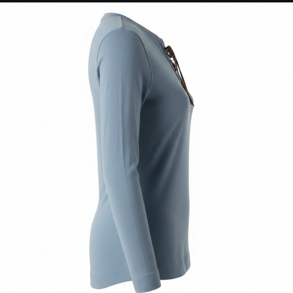 Lauren Ralph Lauren Light Blue Lace-Up Henley Top Small Long Sleeve Cotton - Picture 3 of 8
